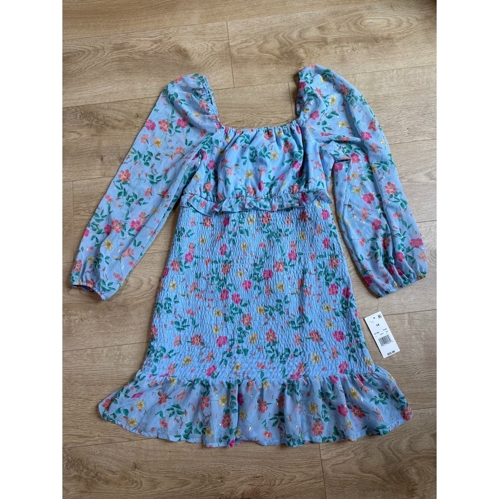 NWT Tween Diva Girls Blue Floral Dress Special Occasion Party Boho Smocked sz 14